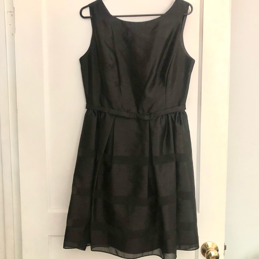 Taylor Dresses Black Fit & Flare Dress with Mesh Stripe Detailing | Size 10